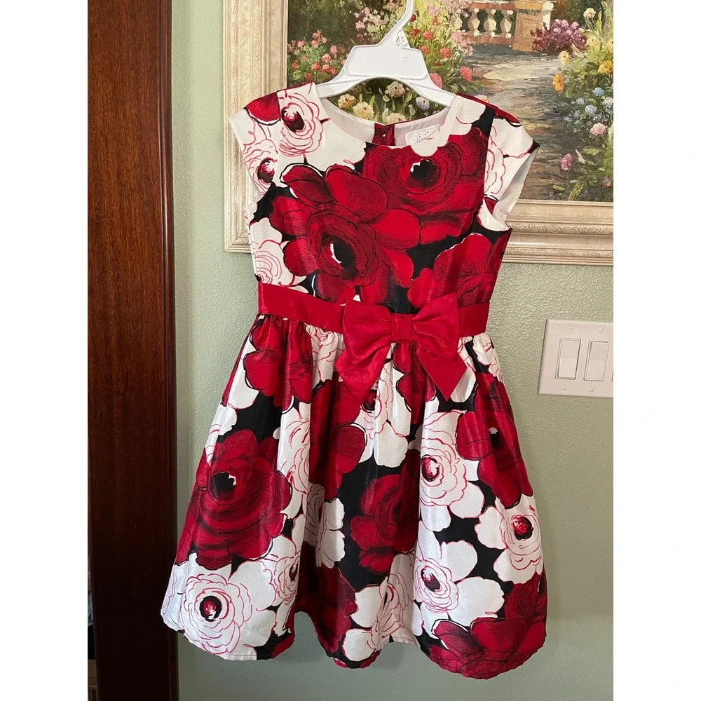 Gymboree Red White Floral Roses Holidays Party Formal Dress Waist Bow Size 8